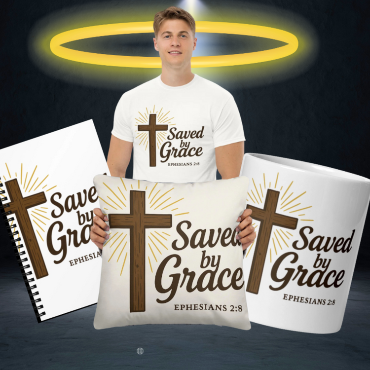 Christian design featuring the words “Saved by Grace” from Ephesians 2:8, styled in modern typography. A faith-based reminder of God’s unconditional love and salvation through grace.