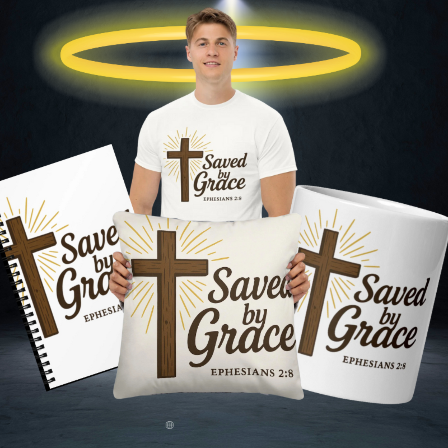 Christian design featuring the words “Saved by Grace” from Ephesians 2:8, styled in modern typography. A faith-based reminder of God’s unconditional love and salvation through grace.