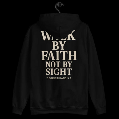 Christian hoodie in four color options (black, cream, beige, burgundy) with bold back print that reads ‘Walk by Faith, Not by Sight – 2 Corinthians 5:7’. Faith-based streetwear apparel for men and women